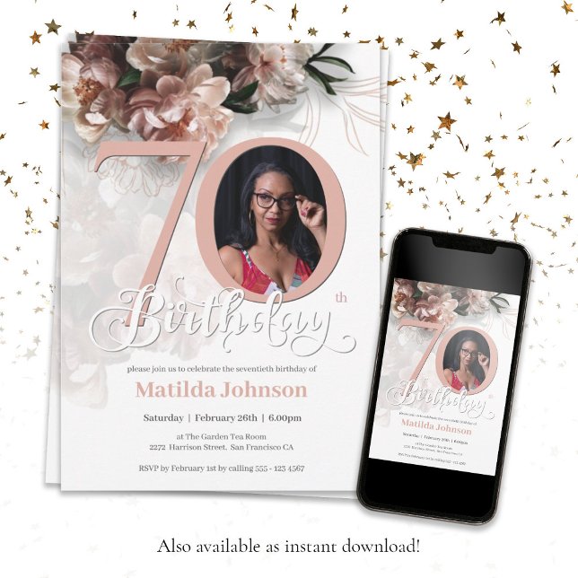 Convites Foto Personalizada Elegante de Aniversário, 70 Ros (Floral Pink 70th Birthday Elegant Custom Photo Invitation)