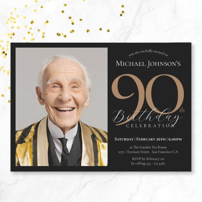 Convites Foto personalizada elegante, dia de aniversário do (Elegant Custom Photo Black Gold 90th Birthday Invitation)