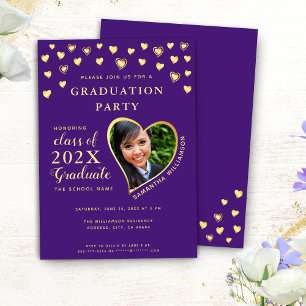 Convites Foto personalizada Elegante Roxo e Graduação Doura