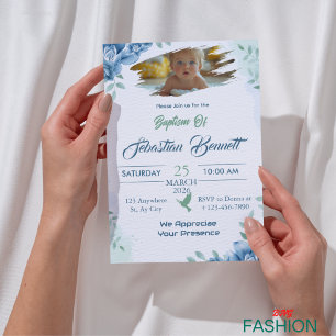 Convites Foto Personalizada Floral Azul - Batismo Religioso