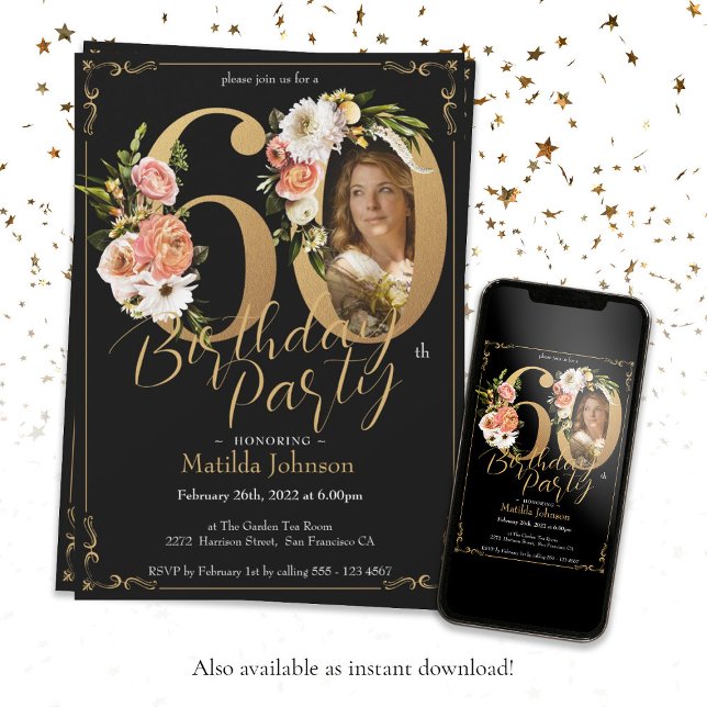 Convites Foto personalizada Floral Boho Dourada 60º anivers (Black Gold 60th Birthday Floral Boho Custom Photo Invitation)