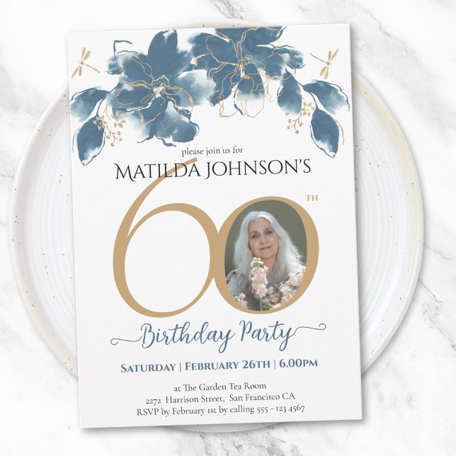 Convites Foto Personalizada Floral Dourada Azul 60º Anivers (Blue Gold Floral Custom Photo 60th Birthday Invitation)