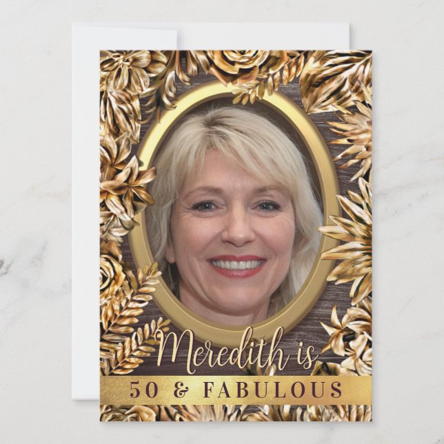 Convites Foto Personalizada Floral Dourada Do Luxo 50 E Fab (Frente)