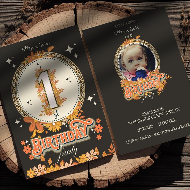 Convites Foto personalizada Groovy floral one (Criador carregado)