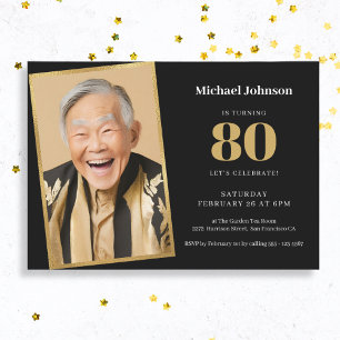 Convites Foto personalizada, preto e 80 Dourado Aniversário