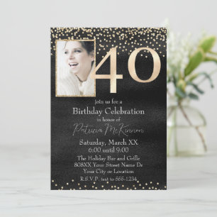 Convites Foto Personalizada Preto e Dourado 40º Aniversário