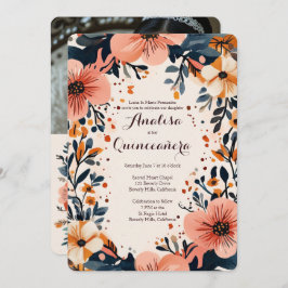 Convites Foto PERSONALIZADA Quinceañera com Frame Floral Su