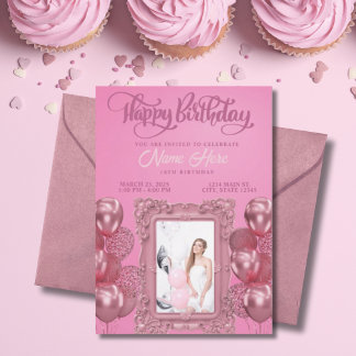 Convites Foto personalizada rosa elegante Aniversário de ad