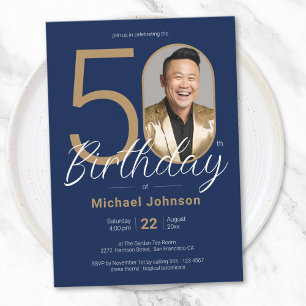 Convites Foto personalizada simples Marinho Dourado Azul 50