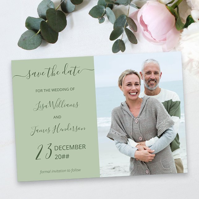 Convites Foto personalizada verde de duas faixas, salvar a  (Green Wedding Save the Date with Photo)