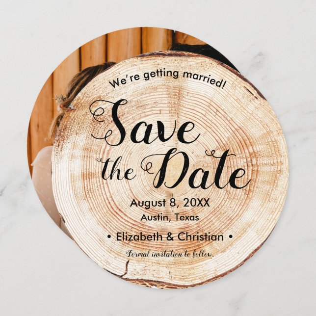 Convites Foto personalizada Wood Slice Rustic Weding (Frente/Verso)