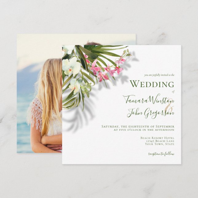 Convites Foto: Pink Floral Palms Shadows Beach Weding (Frente/Verso)