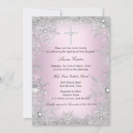 Convites Foto: Pink Silver Snowflake Baptism/Christening