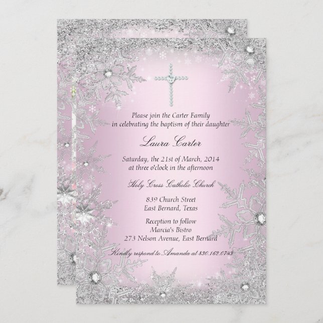 Convites Foto: Pink Silver Snowflake Baptism/Christening (Frente/Verso)