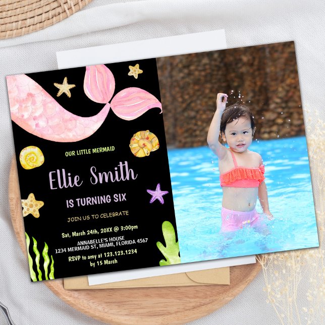 Convites Foto: Pink Tail Pequena Sereia Aniversário (Photo Pink Tail Little Mermaid Birthday Invitation)