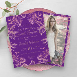 Convites Foto plural Dourada de Rosa roxo SURPRISE Sweet 16