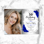 Convites Foto Prata Branca Azul Real 50º Aniversário<br><div class="desc">Elegante convite floral feminino para o 50º aniversário com sua foto. Glam design com falso prata. Apresenta rosas azuis reais, fonte de script e confetti. Perfeito para uma festa de comemoração de na moda adulto. Personalize com seus próprios detalhes. Pode ser personalizado para qualquer idade! Impressos convites Zazzle ou modelo...</div>