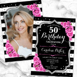 Convites Foto prata preta rosa 50º aniversário<br><div class="desc">Elegante convite floral feminino de 50 anos com sua foto no final do cartão. Design cor-de-rosa preto-claro com prata brilhante. Apresenta faixas pretas e brancas, rosas cor-de-rosa, fontes de script e confetti. Perfeito para uma festa de comemoração de na moda adulto. Personalize com seus próprios detalhes. Pode ser personalizado para...</div>