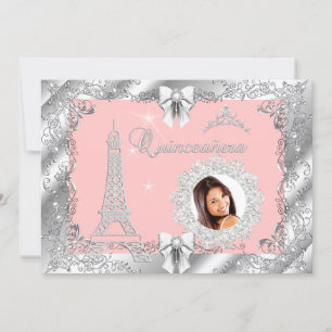 Convites Foto Prata Princesa Rosa Pêssego Quinceanera 2