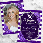 Convites Foto Prateada Prateada Floral 50º Aniversário<br><div class="desc">Elegante convite floral feminino de 50 anos com sua foto no final do cartão. Design branco roxo de vidro com prata brilhante. Apresenta faixas, rosas roxos, fontes de script e confetti. Perfeito para uma festa de comemoração de na moda adulto. Personalize com seus próprios detalhes. Pode ser personalizado para qualquer...</div>