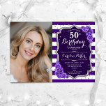 Convites Foto Prateada Prateada Floral 50º Aniversário<br><div class="desc">Elegante convite floral feminino para o 50º aniversário com sua foto. Design prateado roxo de vidro com prata falsa com prata brilhante. Apresenta faixas, rosas de lavanda, fonte de script e confetti. Perfeito para uma festa de comemoração de na moda adulto. Personalize com seus próprios detalhes. Pode ser personalizado para...</div>