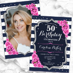 Convites Foto prateada rosa azul marinho 50º aniversário<br><div class="desc">Elegante convite floral feminino de 50 anos com sua foto no final do cartão. Design branco-cor-de-rosa com marinho brilhante com prata fluorescente. Apresenta faixas marinho azul e branca, rosas cor-de-rosa-bebê, fonte de script e confetti. Perfeito para uma festa de comemoração de na moda adulto. Personalize com seus próprios detalhes. Pode...</div>