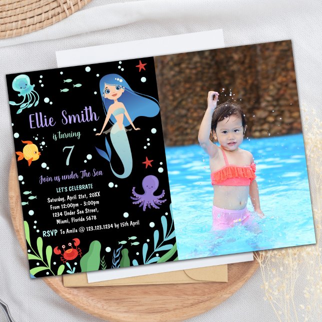 Convites Foto preta sob o mar Sereia Aniversário (Photo Black Under the sea Mermaid Birthday Invitation)