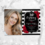 Convites Foto: Preto Branco Stripes Vermelho Prata 50º Aniv<br><div class="desc">Elegante convite floral feminino para o 50º aniversário com sua foto. Design branco preto-claro-claro com prata brilhante. Apresenta faixas pretas e brancas, rosas vermelhas, fontes de script e confetti. Perfeito para uma festa de comemoração de na moda adulto. Personalize com seus próprios detalhes. Pode ser personalizado para qualquer idade! Impressos...</div>