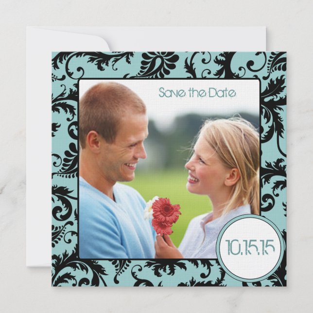 Convites Foto Preto Damask em Aqua Save the Date de Casamen (Frente)