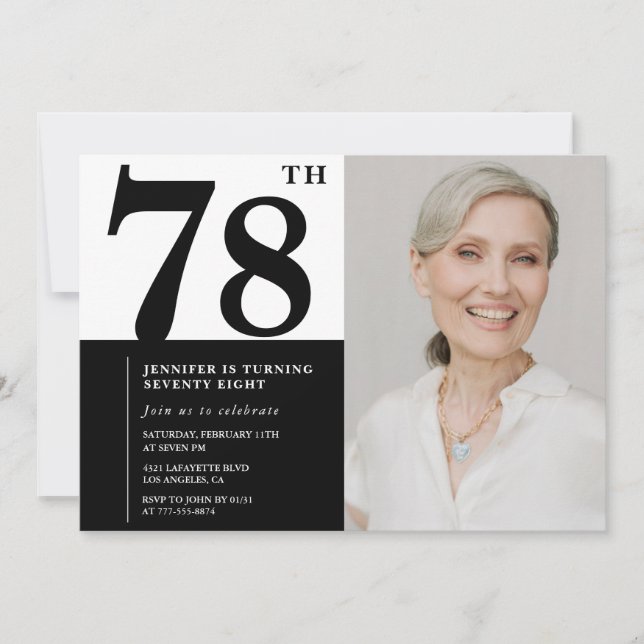 Convites Foto Preto e Branco Chic Aniversário de 78 anos (Frente)
