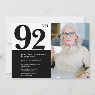 Convites Foto Preto e Branco Chic Aniversário de 92 Anos
