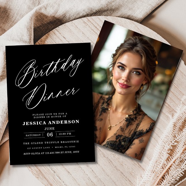 Convites Foto Preto e Branco Jantar de Aniversário Moderno (Criador carregado)