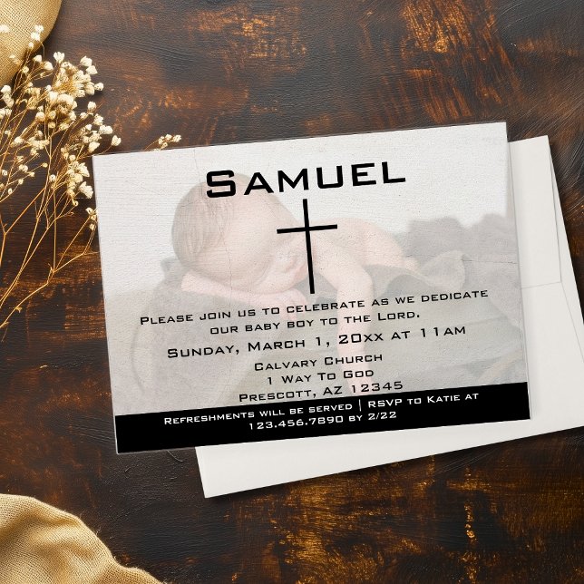 Convites Foto Preto e Branco Moderna Dedicação de Bebê (Modern Black White Photo Baby Dedication Invitations)
