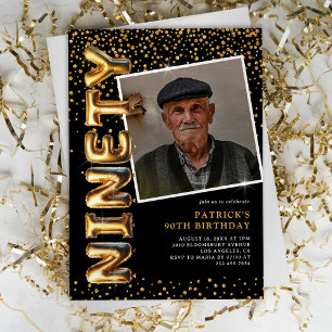 Convites Foto Preto e Dourado Aniversário de 90 anos