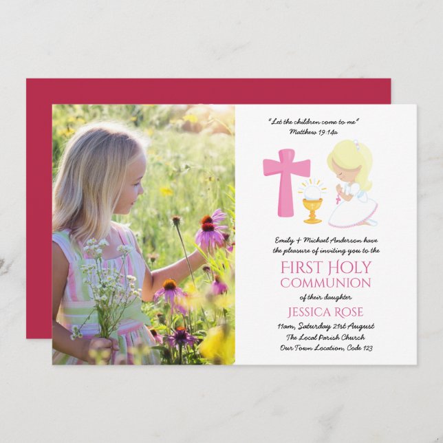 Convites FOTO Primeira Sagrada Comunhão Convida Menina BLON (Frente/Verso)