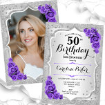 Convites Foto Púrpura Elegante 50º Aniversário do Elegante<br><div class="desc">Elegante convite floral feminino de 50 anos com sua foto no final do cartão. Design com falso brilho de prata. Possui listras prateadas, rosas roxas, fontes de script e confetti. Perfeito para uma festa de comemoração de na moda adulto. Personalize com seus próprios detalhes. Pode ser personalizado para qualquer idade!...</div>