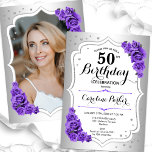 Convites Foto Púrpura Púrpura Elegante Prateada 50º Anivers<br><div class="desc">Elegante convite floral feminino de 50 anos com sua foto no final do cartão. Glam design com falso prata. Possui rosas roxos, fonte de script e confetti. Perfeito para uma festa de comemoração de na moda adulto. Personalize com seus próprios detalhes. Pode ser personalizado para qualquer idade! Impressos convites Zazzle...</div>