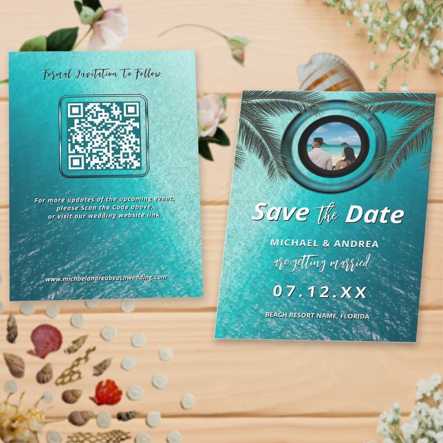 Convites Foto | QR Code Beach Wedding Modern Salvar Data (Criador carregado)