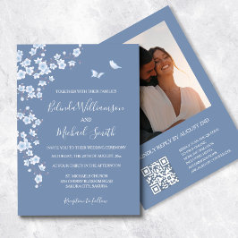 Convites Foto QR Code Dusty Blue Cherry Blossom | Casamento