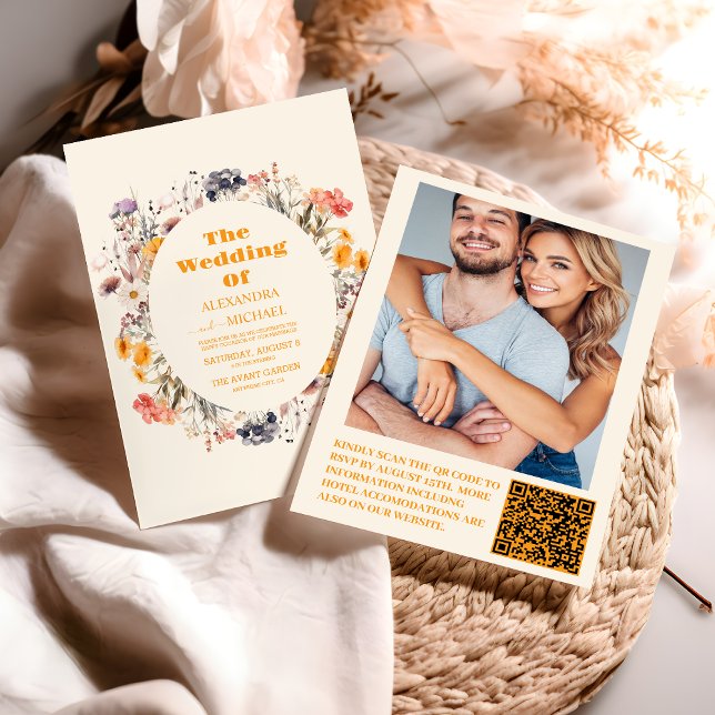 Convites Foto QR Código Wildflower Wreath Greenery Casament (Criador carregado)