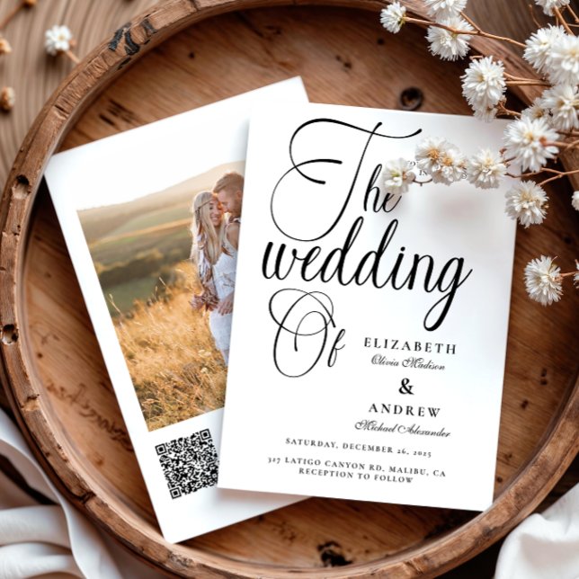Convites Foto QR Moderno Casamento de Script Preto (Criador carregado)