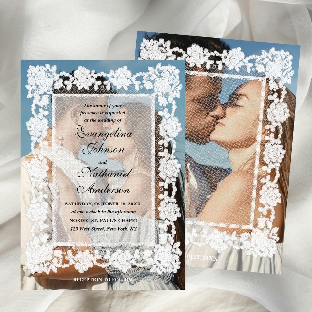 Convites Foto Quadro de Renda Atemporal Casamento Formal (Criador carregado)