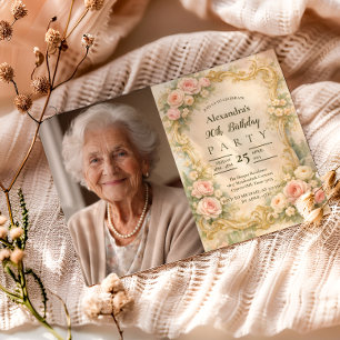 Convites Foto Quadro Floral Barroco Elegante 90º Aniversári