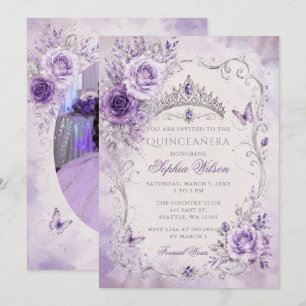 Convites Foto Quinceañera Borboleta Floral Roxo Prata