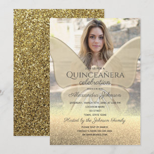 Convites Foto Quinceanera Brilho Borboleta Dourada