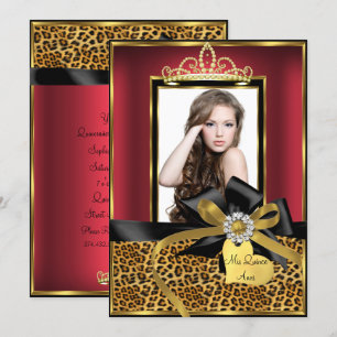 Convites Foto Quinceanera com Impressão de Leopardo Vermelh