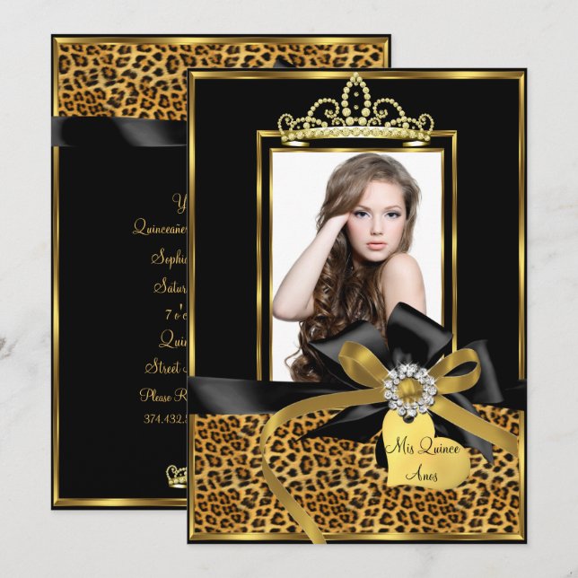 Convites Foto Quinceanera Dourada e Preta com Estampa de Le (Frente/Verso)