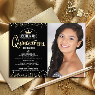 Convites Foto Quinceañera Preto Dourado Brilho Coroa de Pri