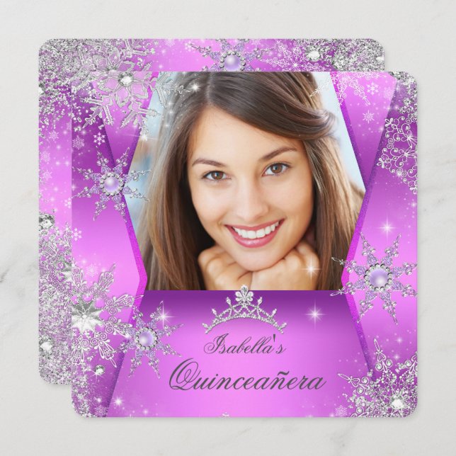 Convites Foto Quinceanera Purple Pink Winter Wonderland (Frente/Verso)