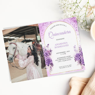 Convites Foto Quinceañera Rosas Roxos Borboletas Florais